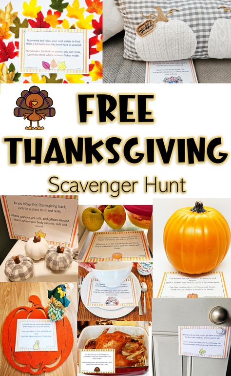 The pin shows images of Thanksgiving and fall things like pumpkins, turkey and leaves.  Each with a printed page that contains a riddle. Thanksgiving Scavenger Hunt For Kids, Thanksgiving Escape Room, Halloween Escape Room, Escape Room At Home, Thanksgiving Scavenger Hunt, Free Printable Thanksgiving, Homeschool Holidays, Holiday Activities For Kids, Homeschool Freebies