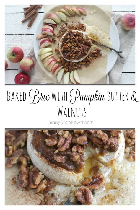 Baked Brie with Pumpkin Butter and Walnuts.   Creamy brie topped with sweet and earthy pumpkin butter and crunchy walnuts, baked until melted and delicious. This is your perfect fall appetizer or dessert.  #bakedbrie #holidaydessert #holidayappetizer #brie #falldessert #fallappetizer #bakedbrierecipes #falldessertrecipes #appetizer #cheeseplates Creamy Brie, Fall Appetizer, Baked Brie Recipes, Seasonal Eating, Healthy Appetizer, Fall Appetizers, Vegetarian Foods, Autumn Recipes, Nut Recipes