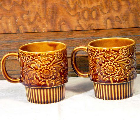 These look similar to cups earned with fill-ups at Shell stations. Imagine getting a gift for filling up these days. Retro Cups, Brown Flowers, Vintage Cups, Vintage Memory, Oldies But Goodies, Ceramic Set, Honey Brown, Happy Memories, Brown Floral