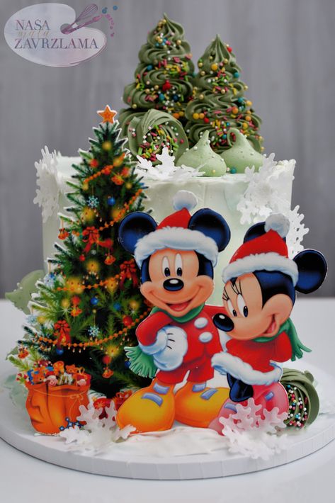 Disney Christmas Cake, Christmas Desserts Cakes, Christmas Birthday Cake, Girly Birthday Cakes, Mickey And Minnie Cake, Christmas Holiday Cake, Christmas Themed Cake, Disney Wedding Cake, Candy Christmas Tree