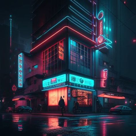 Cyberpunk Exterior Design, Cyberpunk Apartment Aesthetic, Cyberpunk Street Art, Cyberpunk Apartment Exterior, Cyberpunk Apartment Building, Cyberpunk World Building, Bloxburg Cyberpunk City, Sims Cyberpunk, Cyberpunk Restaurant