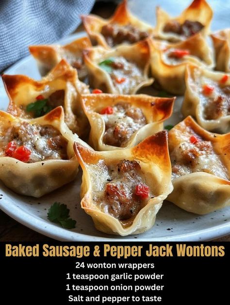 Tasty Recipes Baked Sausage, Smothered Green Beans, Slow Cooker Casserole, Crispy Wonton, Sausage Bake, Green Beans And Potatoes, Ground Sausage, Sausage And Peppers, Wonton Wrappers