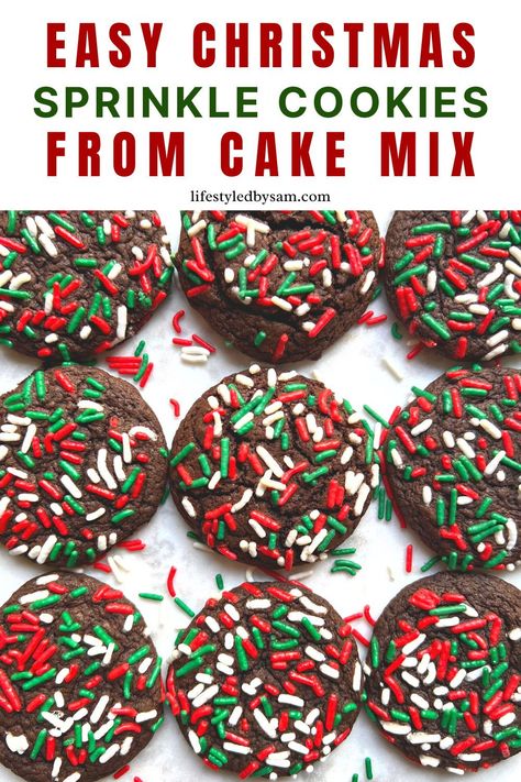 Easy Christmas Sprinkle Cookies From Cake Mix - Festive, 4-Ingredients, & Best! This easy Christmas dessert recipe is perfect for a cookie exchange, a Christmas cookie tray, and Santa. These cookies are easy enough to make with kids, or at the last minute. They also make a great DIY Christmas gift! Make sure to bring them to your Ugly Christmas Sweater Party too! Chocolate Cake Mix Cookies Christmas, Brownie Mix Christmas Cookies, Christmas Cake Box Cookies, Box Cake Christmas Cookies, Cake Box Christmas Cookies, Cake Mix Christmas Cookie Recipes, Cake Mix Cookies 3 Ingredient, Christmas Easy Desserts, Cake Mix Cookies Bars