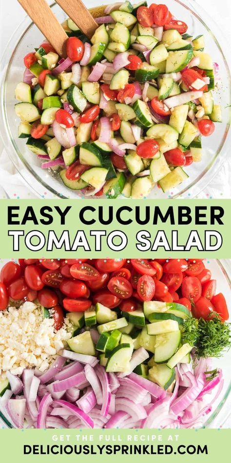 Need more summer salad ideas? Whip up this cucumber tomato salad recipe! It's perfect for your Memorial Day party food. Tossed in a homemade vinegar dressing, this tomato cucumber salad is deliciously light and healthy. Everyone will love this easy BBQ side dish! Salad Sides For Bbq, Memorial Side Dishes, Camp Side Dishes, Salads For Memorial Day, Bbq Side Salads Summer, Summer Time Side Dishes, Memorial Day Bbq Side Dishes, Memorial Day Bbq Food, Memorial Day Food Dinners