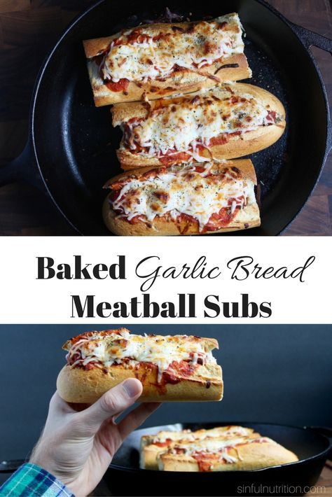 Baked Garlic Bread Meatball Sub Recipe -- Italian-style meatballs nestled in buttery garlic bread, and topped with melty mozzarella | @sinfulnutrition www.sinfulnutrition.com Garlic Bread Meatball Subs, Baked Garlic Bread, Garlic Bread Meatball, Breaded Meatballs, Meatball Sub Recipe, Bread Garlic, Beef Entrees, Eggs Ideas, Recipes Potato