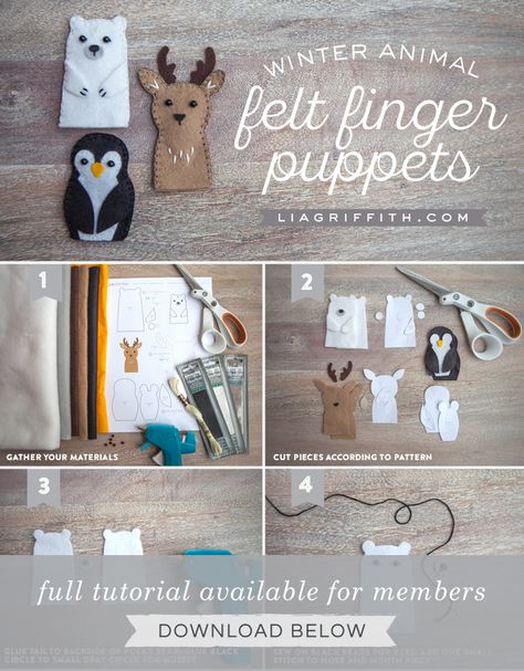 Winter Animal Felt Finger Puppets - Lia Griffith Story Baskets, Puppet Tutorial, Animal Felt, Finger Puppet Patterns, Felt Monster, Felt Puppets, Bank Teller, Canada Trip, Puppets Diy