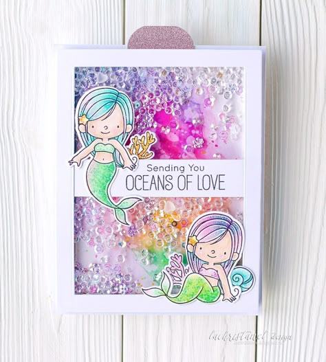 lachristanel design: MFT Card Design Superstar: Innovation Master. Secr... Mermaid Cards, My Favorite Things Cards, Birthday Card Craft, Mft Cards, Mft Stamps, Shaker Cards, My Favourite Things, Handmade Birthday Cards, Card Tutorials