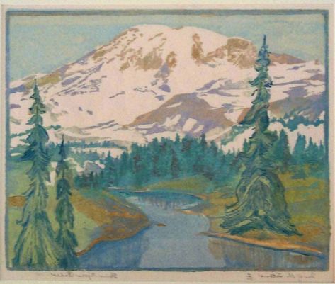 Elaine Myers Rader : One of the Tetons : Mount Rainier Color Woodcut 1930 Gustave Baumann, Woodblock Printing, Woodcut Art, Forehead Wrinkles, Mountain Art, Woodblock Print, Mountain Landscape, Mount Rainier, Architecture Design