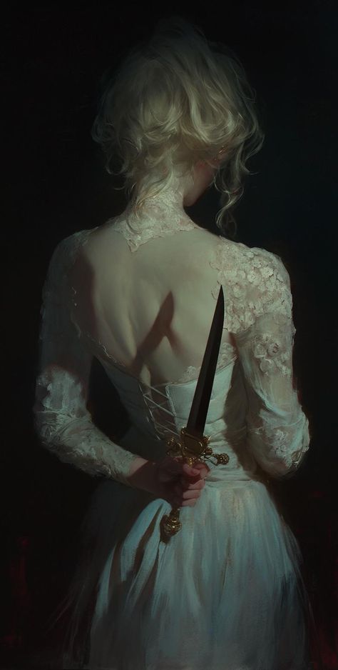 Woman With Knife Art, Knife Behind Back Drawing, Holding Dress Reference Drawing, Hand With Knife Drawing Reference, Woman Holding Knife Reference, Killer Woman Aesthetic, Hands Behind Back Reference, Knife In Hand Reference, Holding A Knife Reference Drawing