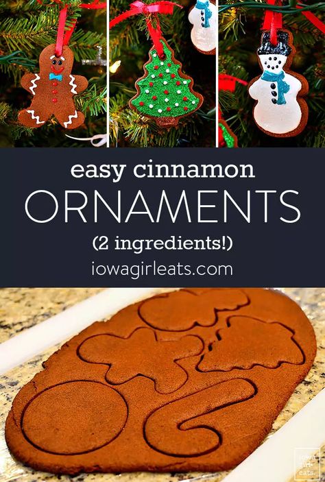 Easy Cinnamon Ornaments require just 2 ingredients to make and are SO much fun to decorate! A fun activity for kids, and sweet gift for loved ones. iowagirleats.com keywords: cinnamon ornaments recipe easy, cinnamon ornaments baked, cinnamon ornament recipe Easy Homemade Christmas Ornaments, Cinnamon Ornament Recipe, Christmas Ornaments Homemade Kids, Christmas Ornaments Diy Kids, Ornaments Diy Kids, Homemade Christmas Ornaments Diy, Cinnamon Ornaments, Homemade Christmas Ornaments, Fun Activity For Kids