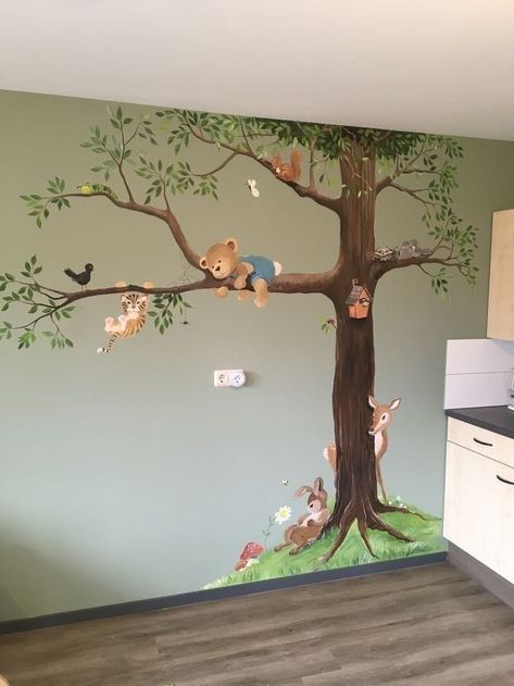 Wall panting ideas Fun Wall Murals, Monochromatic Mural, Wall Paint For Living Room, Center Table Decor Ideas, Crafts For Nursery, Paint For Living Room, Painting Decoration Wall, Wall Texture Ideas, Woodland Mural