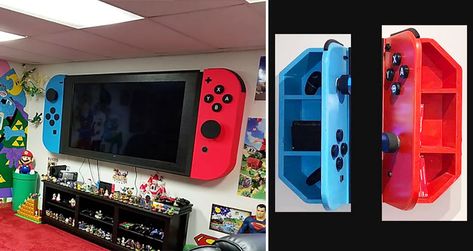 You can now buy wall-mounted Joy-Con-inspired cabinets, so you can transform your TV into a giant Nintendo Switch for the ultimate gaming experience! Nintendo Room, Mario Room, Small Game Rooms, Video Game Room Design, Boy Bedroom Design, Video Game Rooms, Wall Mounted Cabinet, Gaming Room Setup, Gamer Room