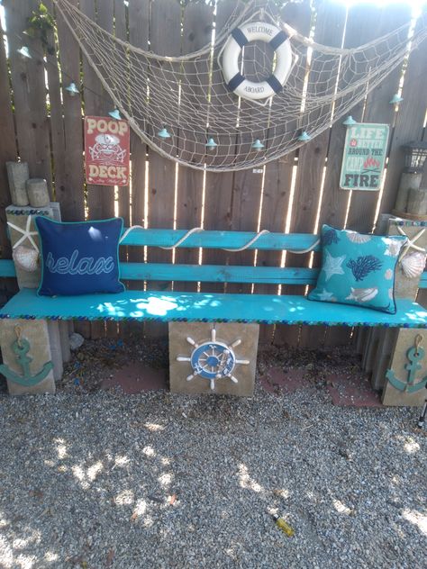 Beach Themed Garden, Pool Grill Area, Backyard Beach Ideas, Nautical Garden Ideas, Beachy Backyard, Nautical Landscaping, Pool Area Decorating Ideas, Beach Theme Backyard, Beach Themed House