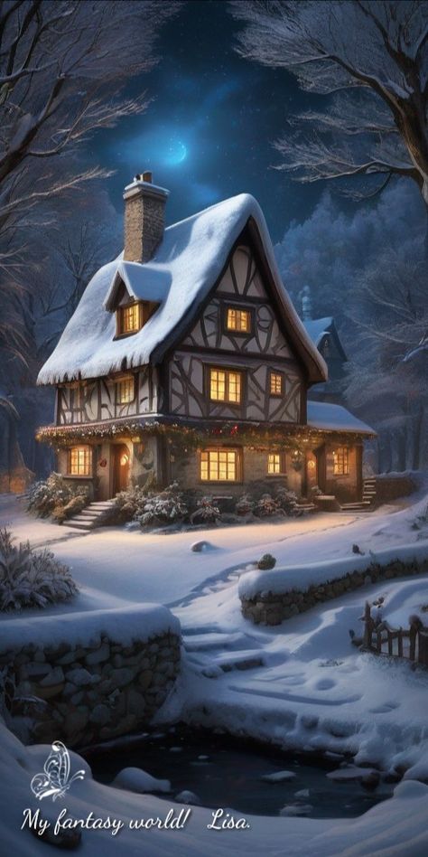 Winter Village Fantasy Art, Winter Castle Fantasy Art, Snowy House Painting, Snowy Castle Fantasy Art, Snowy Cabin In The Woods Winter Scenes, Night Scenes, Cabin Rustic, Gnome Pictures, Log Cabin Rustic