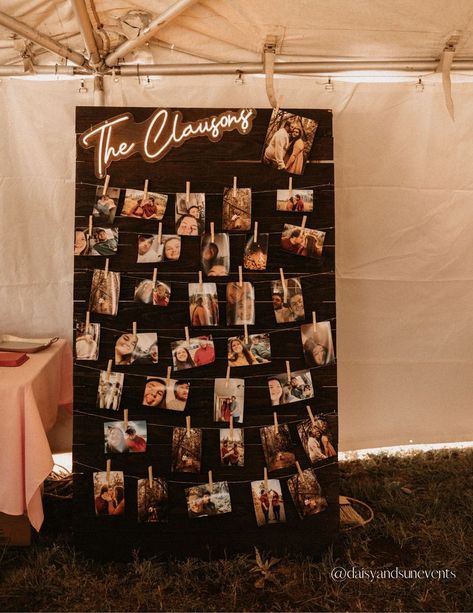 Trying to figure out a way to display your wedding photos or photos of your baby at your event? Here is a great way! This is made from pallets nailed together with a Lowes stain plastered over the top. There are clothespins hanging from fairy lights to display several different photos. This one is 5 and a half feet tall! photographer: little daisy photography Pallet Photo Display, Decor Photobooth, Daisy Photography, Photo Display Board, Made From Pallets, Bridal Shower Photos, Photo Boards, Photo Display, Wedding Crafts