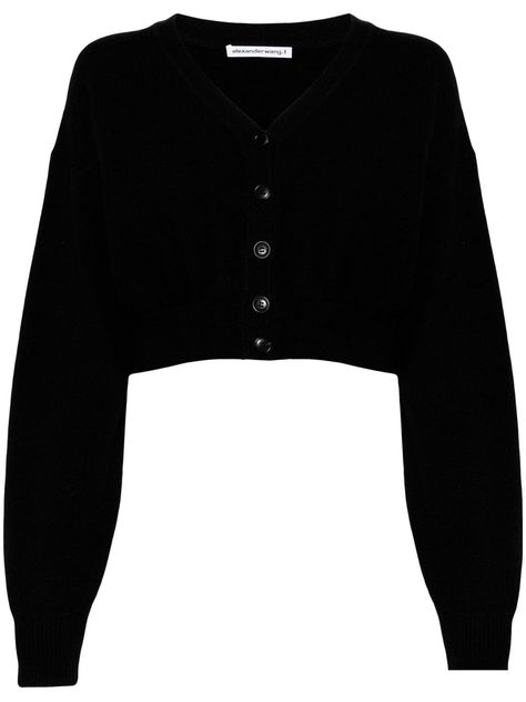 Alexander Wang logo-embossed cropped cardigan. Featuring black, cotton-wool blend, knitted construction, V-neck, front button fastening, long sleeves, ribbed-knit edge. Knit Edge, Cardigan Black, Cropped Cardigan, Embossed Logo, Knitwear Women, Black Cardigan, Style Icon, Alexander Wang, Black Cotton