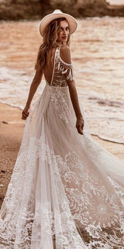 Lace Boho Wedding Dresses To Inspire You ★ #bridalgown #weddingdress Boho Beach Bride, Wedding Dresses Vintage Bohemian, Boho Wedding Shoes, Boho Wedding Dress Bohemian, Boho Chic Wedding Dress, Vintage Wedding Dress Boho, Plain Wedding Dress, Wedding Dresses Ideas, Vintage Boho Wedding