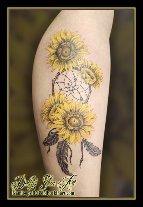 Kyla's dream catcher with sunflowers - Dolly's Skin Art Tattoo Kamloops BC Sunflower Dreamcatcher Tattoo, Dreamcatcher Tattoo Thigh, Sunflower Dreamcatcher, Yellow Tattoo, Colour Tattoos, Kamloops Bc, Tattoo Thigh, Dream Catcher Tattoo, Sunflower Colors