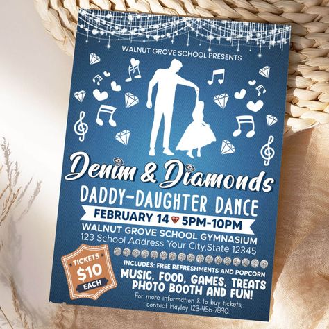 DIY Daddy Daughter Denim and Diamonds Dance Flyer | School PTO PTA Dance Fundraiser Invite Template Dads And Daughters, Starry Night Prom, Dance Fundraisers, Dance Flyer, Daddy And Daughter, School Pto, Fundraiser Flyer, Denim And Diamonds, School Dance