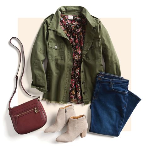 Olive Green Combination, Jeans For Short Legs, Green Combination, Stitch Fix Fall, Olive Jacket, Stitch Fit, Simple Fall Outfits, Top Jeans, Cute Purse