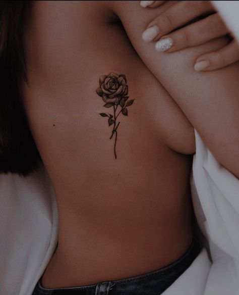 Rib Rose Tattoos For Women, Tattoos Down Side Of Body Ribs, Cute Ribcage Tattoos For Women, Side Rose Tattoo, Damaged Tattoo Ideas, Rose Tattoo Ribs, Rose Side Tattoo, Rose Tattoo On Ribs, Tattoo Ideas Side Ribs