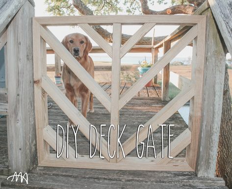 We love how this simple project turned out! It took us less than one afternoon and we now have two very happy puppies who get to spend extra time outside on the deck! Chevron Deck, Door Painting Ideas, Simple Gate, Building A Gate, Diy Gate, Porch Gate, Deck Gate, Aesthetic Door, Door Aesthetic