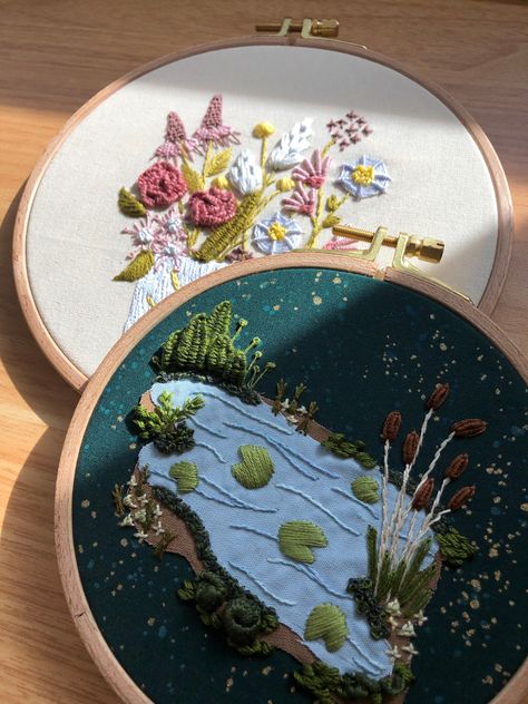 Are you ready for the 3D Lily Pad Pond Stitch Along? This time we're stitching my newest kit, 3D Lily Pad Pond. Similar to the previous stitch along, this kit also uses fabric applique and 3D embroidery to bring this design to life.⁠ You'll be able to watch daily stitch videos on the @mcreativej Instagram profile. Each stitch will be outlined with a step-by-step video to make it easy to follow along and see how it looks in the pattern.⁠ Lily Pad Embroidery, Seeding Stitch, Pond Embroidery, Pistil Stitch, Embroidery Stumpwork, Embroidery Icons, Lily Pad Pond, Stitch Videos, Picot Stitch