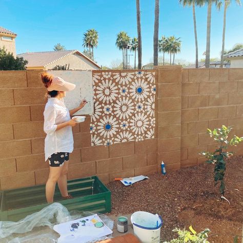 Rachel on Instagram: “Working on finishing the first layer of my mural for my backyard 🎨💚 got to get it done before the heat sets in! With it and the greenery…” Southwest Landscaping, Bathroom Stencil, Painting Tile Floors, Large Tile, Tile Stencil, Large Stencils, Spanish Tile, Stenciled Floor, Stencil Pattern