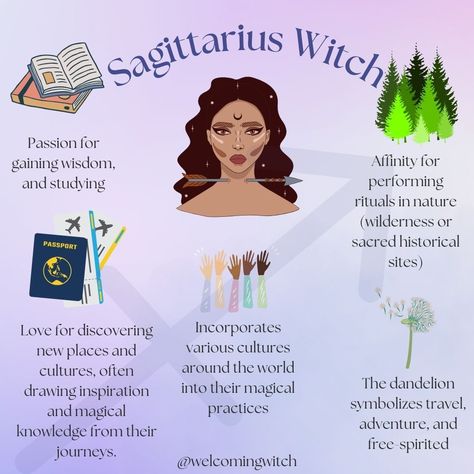 🌍✨ Sagittarius witches are adventurous souls, embracing travel, learning, and exploration in their magical practices. With a free spirit and a thirst for wisdom, we draw inspiration from the world around us. 🌼🔮 . . . . . . . . . #wiccansofinstagram #witchlife #witchesofinstagram #witch #witchcraft #wicca #wiccan #pagan #spiritual #spiritualawakening #Spirituality #witchessociety #witchytips #magic #babywitch #beginnerwitch #Sagittariusseason Sagittarius Witch, Spirit Witch, Witchy Goddess, Christian Witch, Witch Types, Spiritual Witch, Wicca Recipes, Crystal Wands, Witch Wand