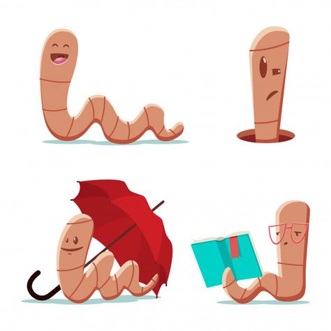 Cute cartoon worm with a book and an umbrella. illustration of a funny earthworm character set isolated on a white background. Premium Vector | Premium Vector #Freepik #vector #background #book #nature #character Cute Worm Illustration, Earthworm Illustration, Worm Drawing Cute, Worm Animation, Earthworm Drawing, Worms Illustration, Worm Character, Worm Cartoon, Worm Illustration