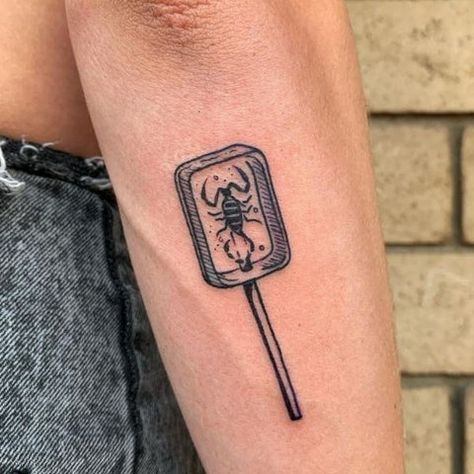 Bug Lollipop Tattoo, Bug In Amber Tattoo, Scorpion Sucker Tattoo, Tattoo Idea Patchwork, Big Filler Tattoo, Scorpion Lollipop Tattoo, Cool Bug Tattoos, Droplet Tattoo, Weevil Tattoo