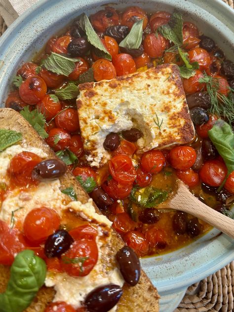 Baked Imported Feta with Roasted Cherry Tomato, Olives, & Herbs Cherry Tomatoes And Feta Cheese Recipe, Cherry Tomato Feta Pasta Baked, Baked Feta With Olives And Tomatoes, Roasted Cherry Tomatoes With Feta, Baked Feta With Olives & Sun Dried Tomatoes, Comte Cheese, Gingersnap Crust, Country Bread, Roasted Cherry