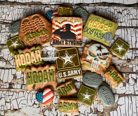 Military Army Decorated Cookies by Cajun Home Sweets Deployment Party, Army Retirement, Deployment Homecoming, Crazy Cookies, Graduation Cookies, Army Strong, Cookie Time, Paw Patrol Party, Patriotic Party