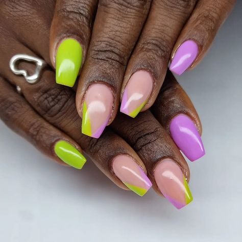 Neon Purple And Green Nails, Purple Lime Green Nails, Purple And Lime Green Nails, Pink Purple Blue Green Yellow Acrylic Nails, Neon Green Manicure, Bright Gel Nails, Nails Lime Green Neon Yellow, Bright Summer Acrylic Nails, Lime Green Nails