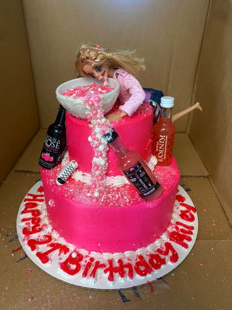 2 tier white cake with buttercream frosting, painted/sprayed hot pink; buttercream frosting filled in bowl  and down side topped with sugar sprinkles and round candies. Drunk Barbie Cake 18th, 21st Barbie Cake, Barbie Cake 21, Drunk Birthday Cake, Drunk Barbie Cake 21st, Barbie 21st Birthday Party, Barbie 21st Birthday Cake, Cake Barbie Birthday, 21st Birthday Cake Alcohol