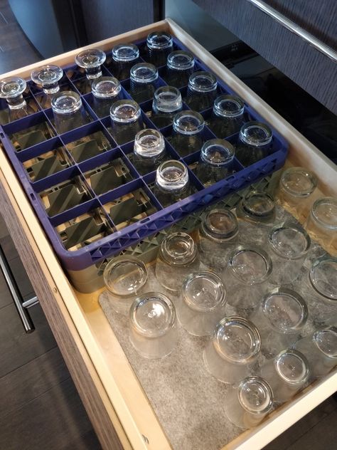 Drinking glass storage solution to a kitchen designed with drawer storage. Home Bar Glassware Storage, Shot Glass Storage In Cabinet, Glassware Storage Drawers, Drinking Glass Storage Ideas, Storing Glasses In Drawers, Drinking Glass Storage, Glasses Drawer, Appliance Pantry, Bar Cabinet Decor