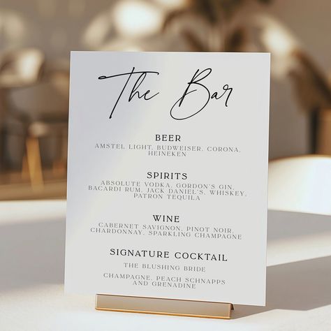 Luxe Minimalist style Bar Menu Sign, Printable Bar Menu, Wedding Bar Menu, Birthday Bar Menu Template, edit in Corjl by CreativePapier on Etsy Wedding Bar Signs, Bar Wedding Sign, Bar Menu Template, Bar Menu Sign, Birthday Bar, Bar Menu Wedding, Menu Wedding, Minimalist Bar, Menu Sign