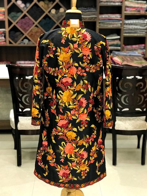 Jacket Long Jacket Embroidered Jacket for Woman Kashmiri - Etsy Canada Kashmiri Pheran, Kashmiri Embroidery, Pashmina Wrap, Embroidered Coat, Silk Coat, Boho Jacket, Aari Embroidery, Jacket For Women, Jacket Long