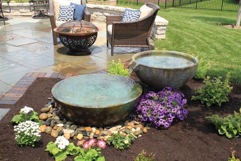 The Aquascape Spillway Bowl creates a beautiful spilling water feature that can be added to any pond or pool creating an instant waterfall. Landscaping With Fountains, Outdoor Patio Area, Small Front Gardens, Front Garden Design, Pond Landscaping, Backyard Water Feature, Water Features In The Garden, Aquascaping, Water Feature