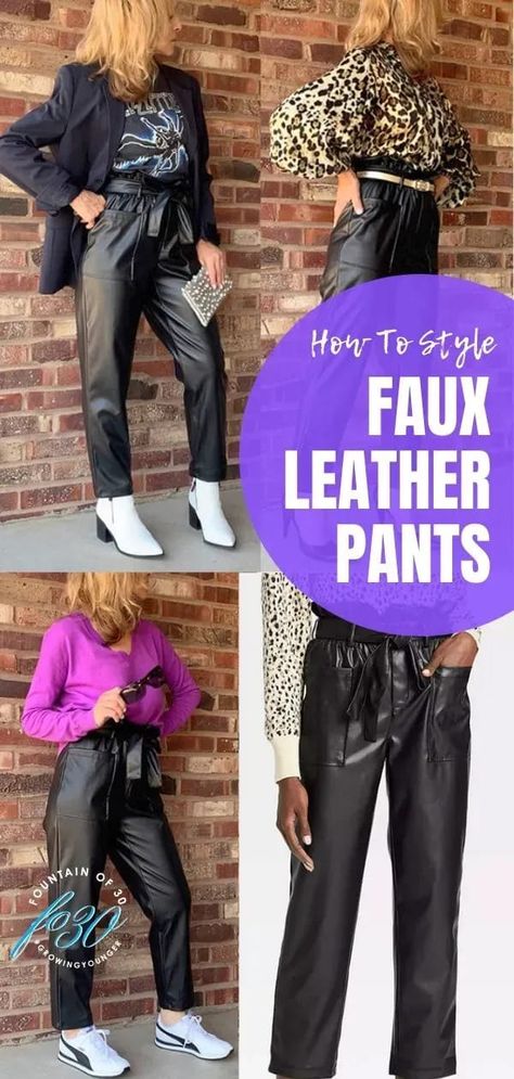 Here's how to style one pair of faux leather pants 3 totally different ways. #fashion #over40 #fallfashion #fauxleather #pants Wide Leg Pant Outfit, Faux Leather Paper, Rock And Roll Style, Rocker Tee, Paper Bag Pants, Bag Pants, Rock N Roll Style, Over 60 Fashion, Sporty Casual