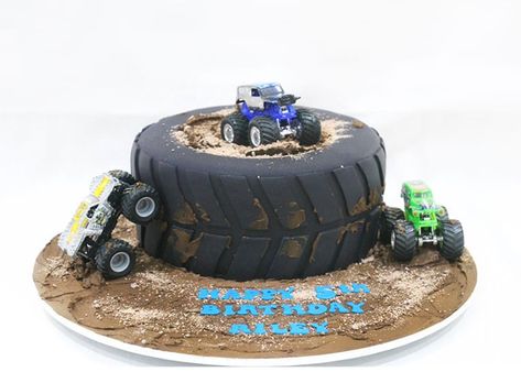 15 Monster Truck Cake Ideas For Kids’ Birthdays - Mouths of Mums Zombie Monster Truck Birthday Cake, Monster Truck Tire Cake, Monster Car Cake, Monster Truck Cupcake Cake, Off Road Cake, Truck Sheet Cake, Tire Birthday Cake, Monster Truck Cakes For Boys, Monster Trucks Cake