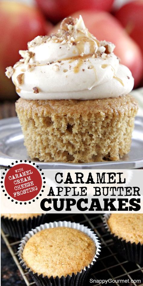 caramel apple butter cupcakes Fall Baking Apple, Caramel Apple Butter, Apple Butter Muffins, Recipe With Caramel, Gourmet Cupcake Recipes, Butter Cupcake Recipe, Dessert For Fall, Caramel Apple Cupcakes, Cake Mix Cupcakes