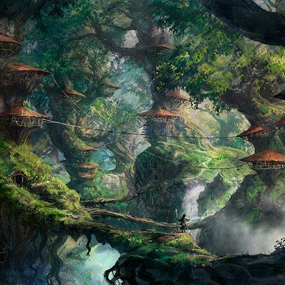 ArtStation - yo shimizu Fey Forest, Rainforest City, Fey Wild, City Concept Art, Flip Books Art, Rainforest Trees, Forest Village, Fantasy Town, Fantasy World Map