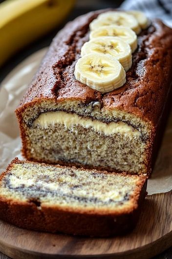 Cream Cheese Banana Bread – this light and moist banana bread has a creamy surprise inside! Perfect for breakfast, dessert, or a snack. It’s easy to make and packed with flavor. Your family will love this delicious twist on a classic recipe. Save this pin and try it today! Cream Cheese Banana Bread, No Rise Bread, Moist Banana Bread, Chocolate Banana Bread, Baked Banana, Interesting Food, Breakfast Treats, Banana Bread Recipes, Afternoon Snacks