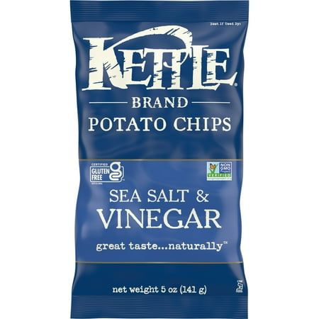 Kettle Brand Salt & Vinegar kettle chips start with a search for undisputed potato excellence. Determined not to disrupt the flawless, spudsy goodness, these beauties are kettle cooked, skins on, one batch at a time. Delight your taste buds with the delicate balance of sea salt and a hint of tongue-puckering vinegar. And of course, these chips come complete with the satisfying crunch you love. When you open this 5-ounce bag of our Kettle Brand potato chips, you know you're getting incredible kettle chips made with authentic recipes by real people. From their farms to our kitchens and then to your home, the time and attention every Kettle Brand worker puts into their products is care you can trust. All that, plus Kettle Brand chips deliver a delicious snack thats non-GMO Project Verified, a Salt And Vinegar Chips, Vinegar Chips, Kettle Cooked Chips, Salt And Vinegar Potatoes, Salt And Vinegar, Best Chips, Kettle Chips, No Salt Recipes, Snack Chips