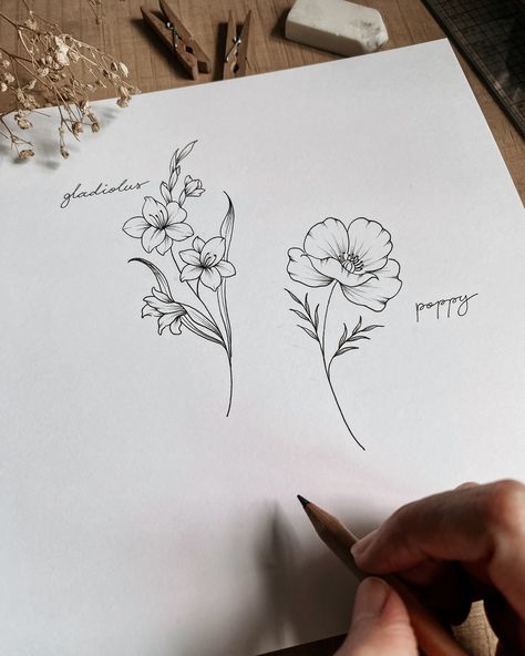 Gladiolus and poppy. Which is your favorite? ❤️ #finelinefloral #birthflower #floraldesign #finelineart #seracreates Gladiolus Forearm Tattoo, Gladiolus Flower Line Art, Gladiola Flower Tattoo, Gladiolus Flower Tattoo Design, Poppy Gladiolus Tattoo, Gladiolus Flower Drawing Simple, Gladiolus And Poppy Flower Tattoo, Gladiolus Sketch, Morning Glory Vine Tattoo