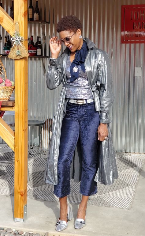 Silver Trench Coat Outfit, Navy And Silver Outfit, Navy Blue Outfits For Women Classy, Sabra Johnson, Velvet Trench Coat, Jazz Outfits, Silver Outfit, Navy Blue Outfit, Tuxedo Women