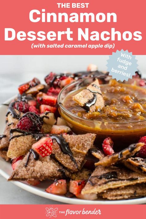 These Cinnamon Dessert Nachos with Salted Caramel Apple dip taste like decadent Churro chips and caramel apple pie bites. Plus with berries and a chocolate fudge sauce drizzle, they are sweet, salty, crunchy, decadent, fruity, and a veritable party in your mouth! Put a twist on Easter indulgence this year! #cinnamon #easter #dessert #nachos #chocolate Churro Chips, Dessert Nachos Recipe, Nacho Recipes, Dessert Nachos, Cinnamon Desserts, Chocolate Fudge Sauce, Caramel Apple Dip, Apple Pie Bites, Pie Bites