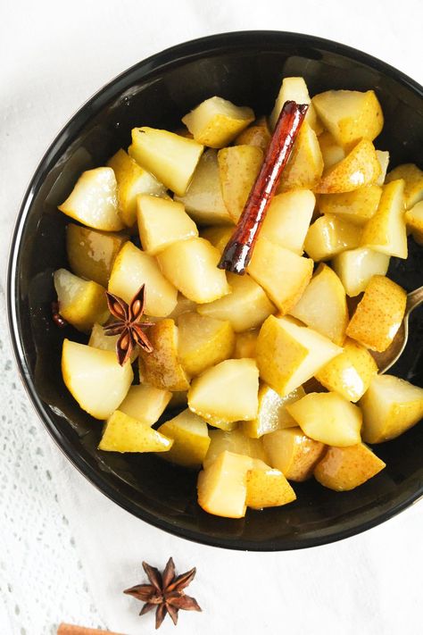 Stewed pears simmered in a delightful spicy syrup with cinnamon and star anise. It is a simple dessert ready in no time and perfect for serving with ice cream, waffles, pancakes, or on its own. #whereismyspoon #stewedpears #pearstew #poachedpears #peardessert #pearrecipe Stewed Pears Recipe, Stewed Pears, Spicy Syrup, Best Yeast Rolls, Homemade Yeast Rolls, Peach Compote, Stewed Fruit, Sour Cabbage, Campfire Desserts