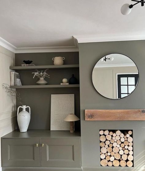 Coat Nomad Paint, Coat Paint Darlington, Darlington Coat Paint, Coat Darlington Paint, Alcove Paint Ideas, Cupboard Living Room, Living Room Panelling, Grey Walls Living Room, Living Room Built Ins